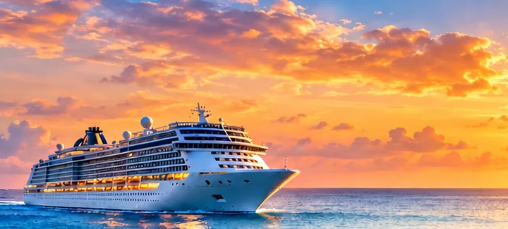 A cruise ship sailing toward a golden sunset